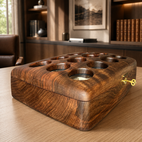 Handmade solid Turkish walnut watch organizer with twelve watch compartments