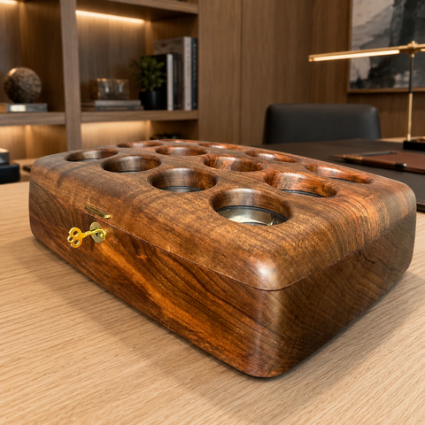 Luxury handcrafted walnut watch case with glass display lid