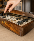 Solid walnut watch organizer featuring natural wood grain and a glass top