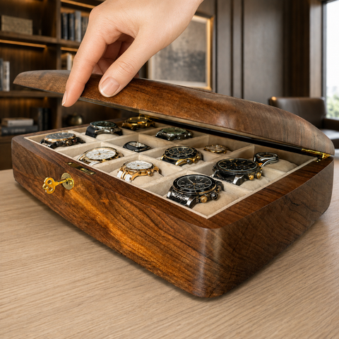 Solid walnut watch organizer featuring natural wood grain and a glass top