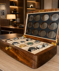 Twelve-watch storage organizer crafted from solid Turkish walnut