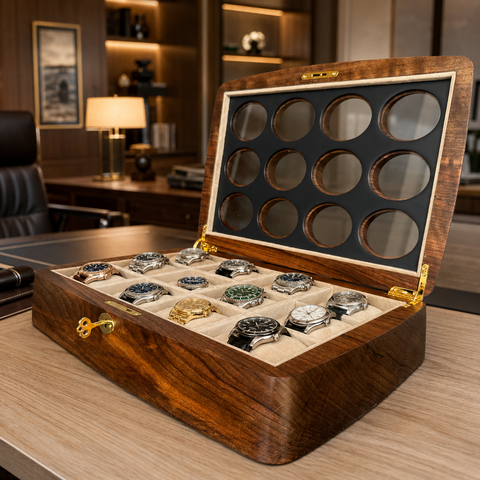 Twelve-watch storage organizer crafted from solid Turkish walnut