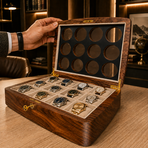 Handcrafted walnut watch display case with protective glass lid