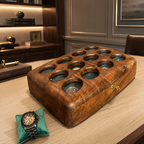Solid walnut watch storage case with premium fabric-lined interior