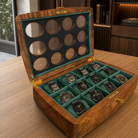 Handmade walnut watch collector organizer with gold-tone fittings