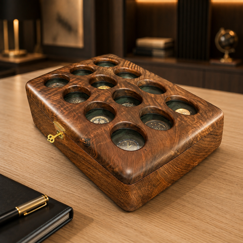 Luxury walnut watch organizer with twelve individually padded compartments
