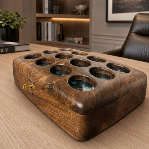 Solid walnut twelve-watch organizer with natural oil finish