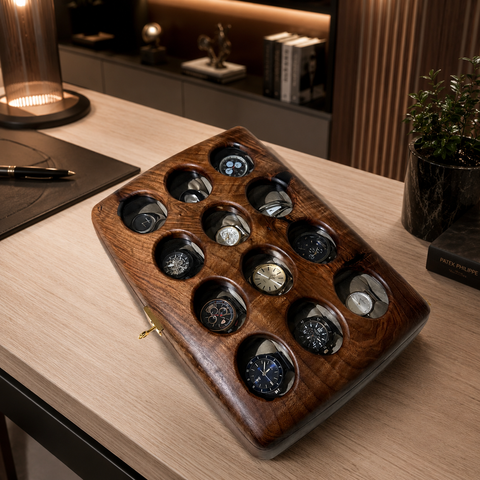 Handcrafted walnut watch case with glass display and gold-tone hardware