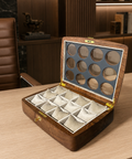 Premium solid walnut watch organizer designed for twelve timepieces