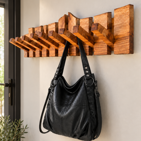 Handmade live edge walnut piano coat rack with foldable wooden wall hooks