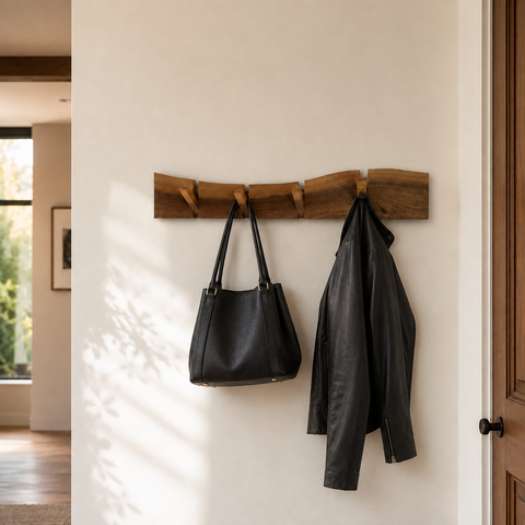 Custom made live edge walnut coat rack for an entryway or hallway