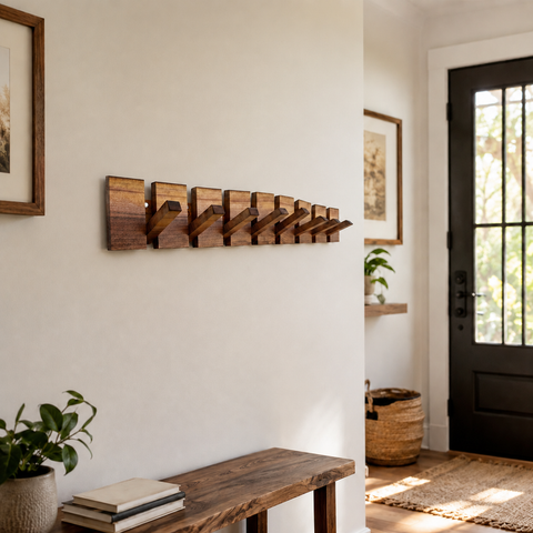 Wooden wall coat rack with reinforced fold away hook construction
