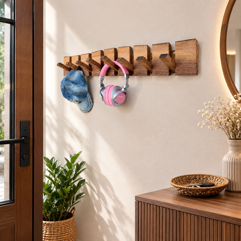 Natural walnut folding coat hooks designed for functional wall storage