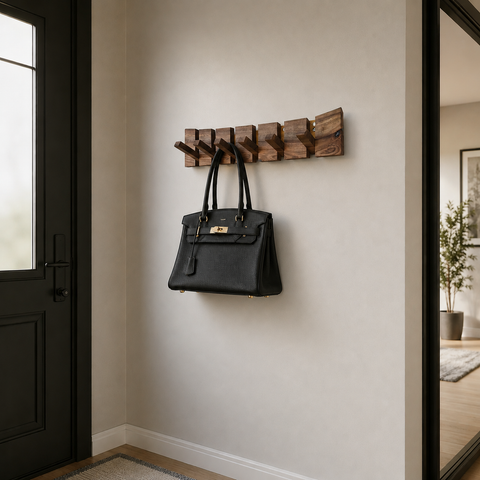 Wall mounted walnut coat organizer with practical space saving hooks