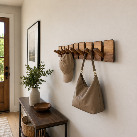 Handcrafted walnut piano style coat rack with durable wooden hooks