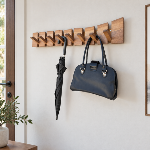 Minimalist wooden coat rack crafted from oiled natural walnut