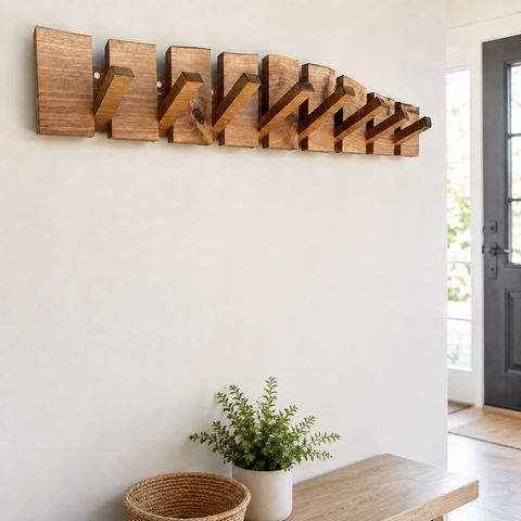 Unique handcrafted live edge walnut wall coat rack with hidden style hooks