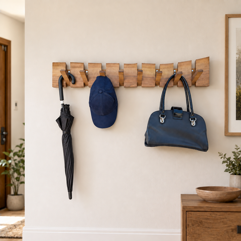 Live edge walnut wall hook rack designed for coats and everyday accessories