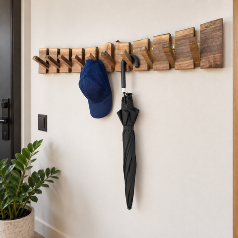 Walnut wall mounted coat hooks combining natural edge and modern design