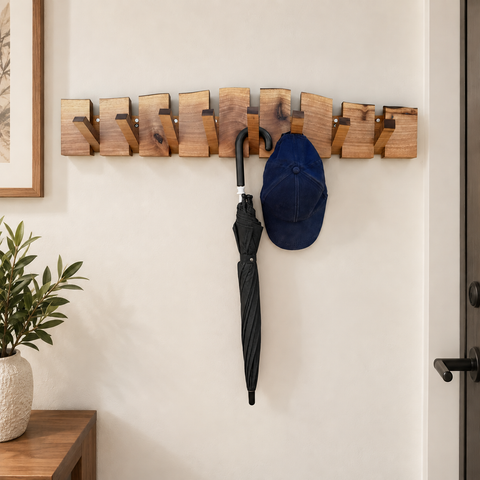 Natural grain walnut coat rack with individually folding wooden hangers