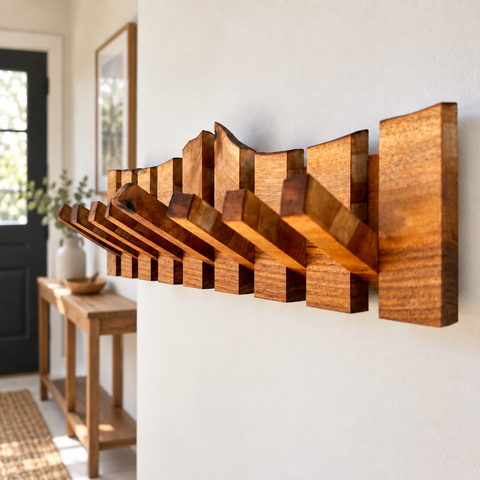 Solid walnut wall mounted coat rack showcasing the natural wood grain