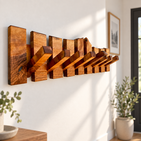 Artisan crafted walnut entryway organizer with integrated wooden coat hooks