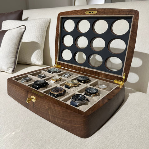 Handcrafted twelve-slot watch organizer with soft watch cushions